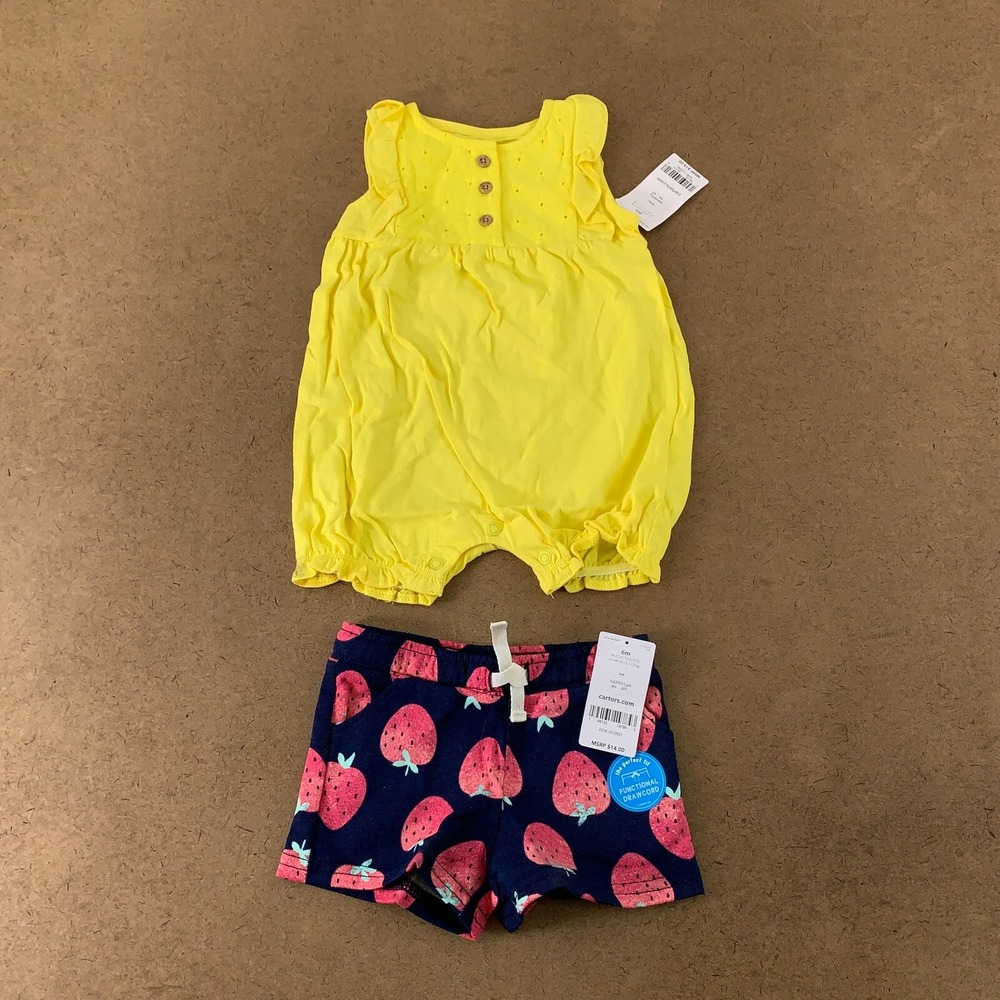 Carter's Baby Size 6 Months Blue Strawberry Shorts & Yellow Romper 2 Pieces NWT - Picture 1 of 6